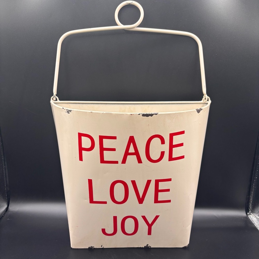 Kirklands Wall Door Bucket Metal Peace Love Joy Christmas Holiday White Red